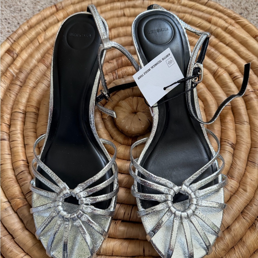 stradivarius Silver Metallic Strappy Flat Sandals